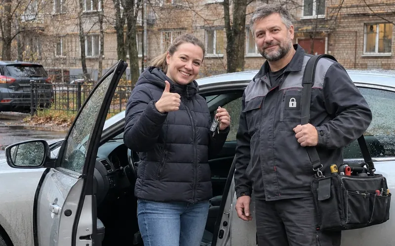 Владелица с ключами у открытой двери автомобиля рядом с мастером