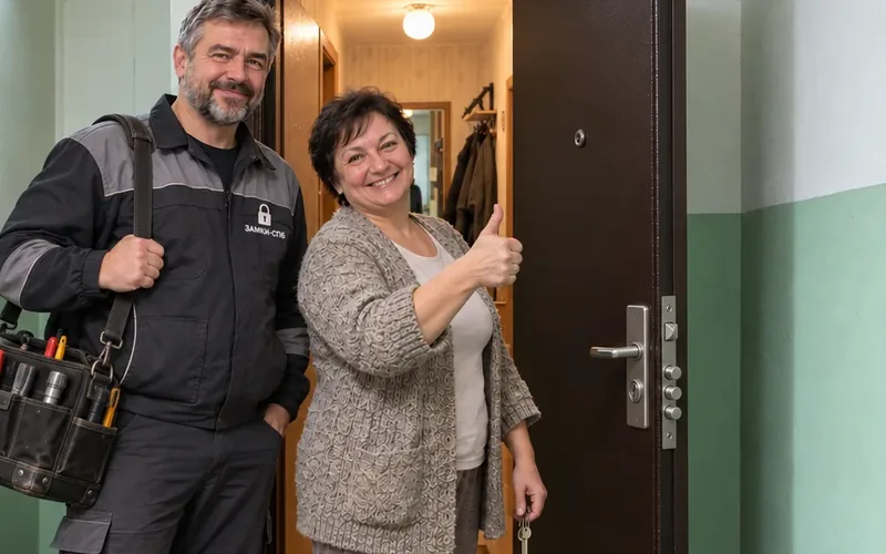 Хозяйка проверяет отремонтированный замок и показывает большой палец