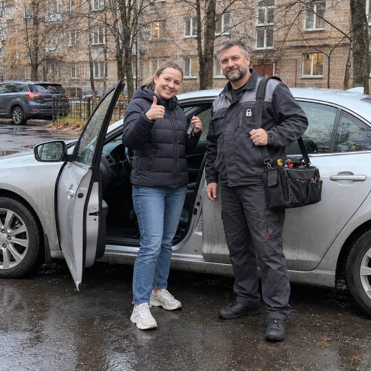 Довольная владелица с ключами и мастер у открытой двери автомобиля