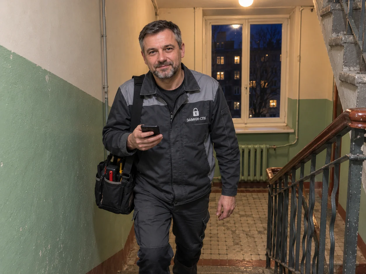Мастер с сумкой инструментов поднимается по лестнице к клиенту