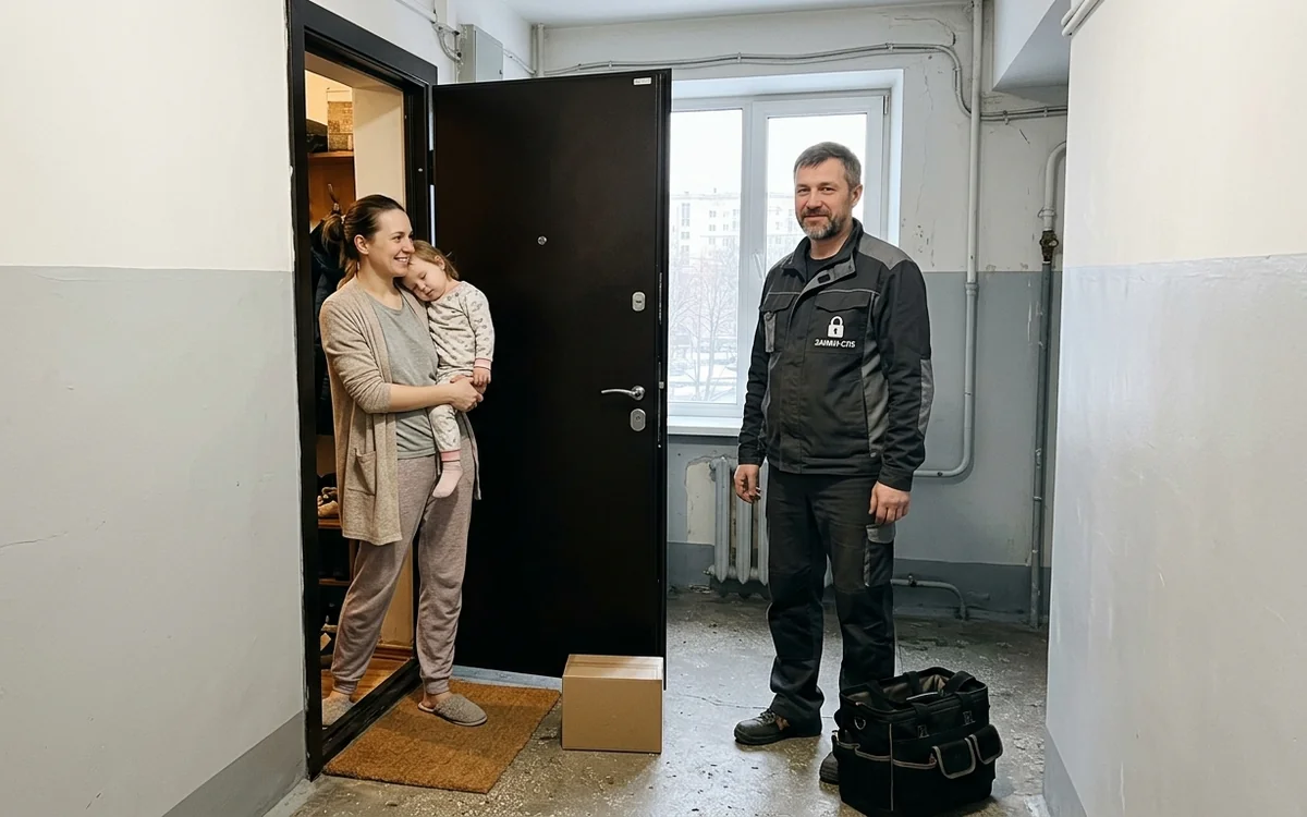Мама с ребёнком и мастер у открытой входной двери