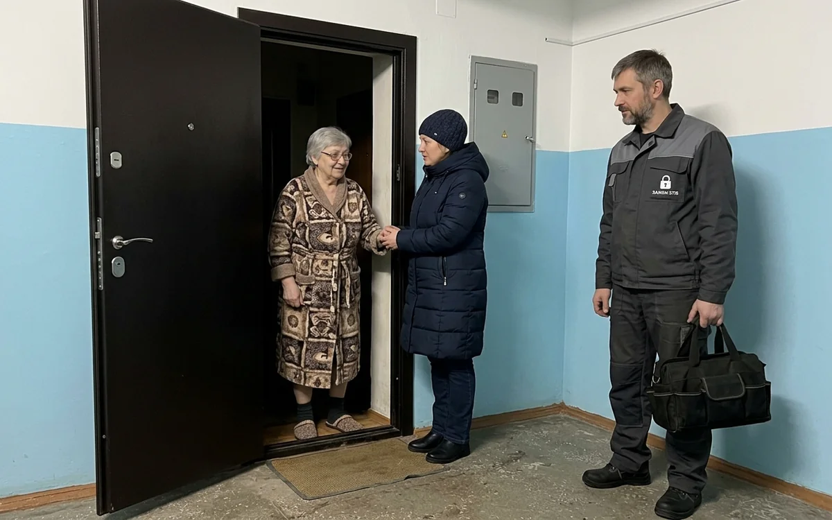 Пожилая мама в проёме открытой двери, дочь держит её за руку, мастер рядом с сумкой