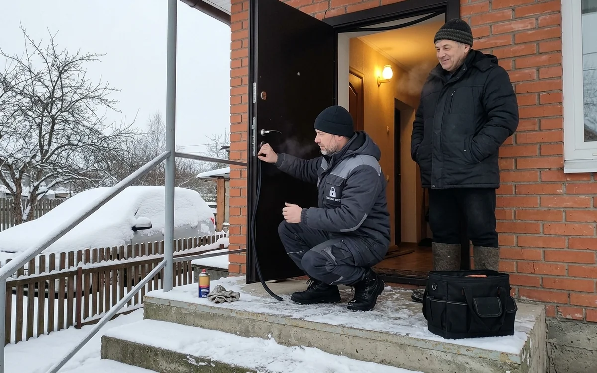 Мастер зимой ставит уплотнитель на дверь частного дома, хозяин рядом на крыльце
