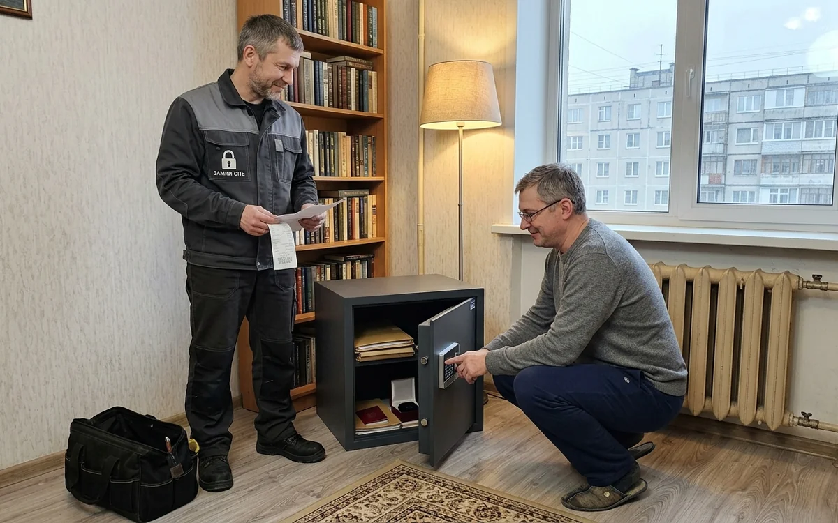 Хозяин задаёт новый код на открытом домашнем сейфе, мастер рядом с чеком